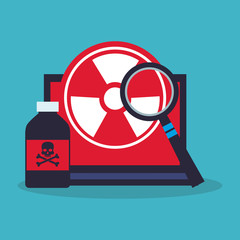 Poison bottle laptop and lupe icon. laboratory science chemistry and research theme. Colorful design. Vector illustration