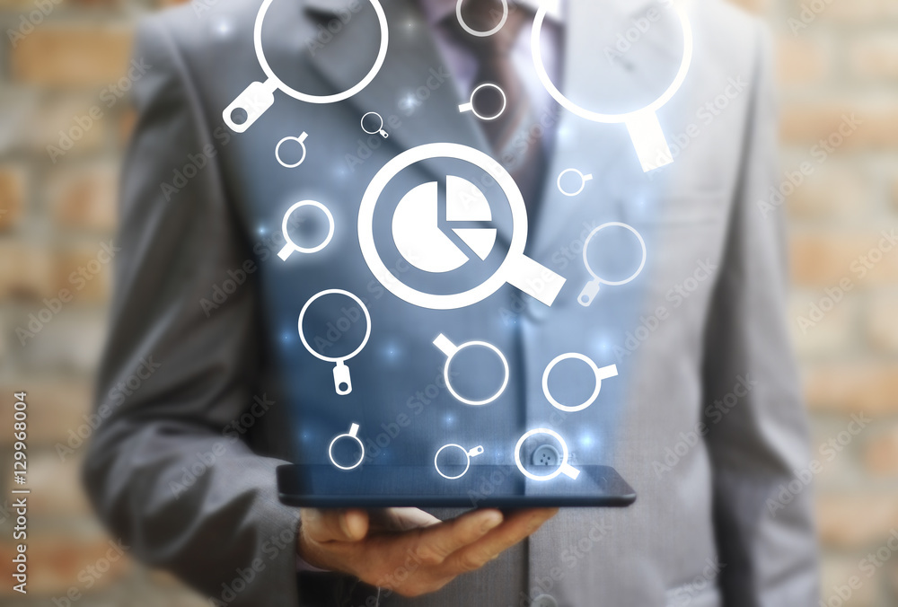 Poster business search pie chart success concept cloud magnifier on tablet computer. businessman holding ta