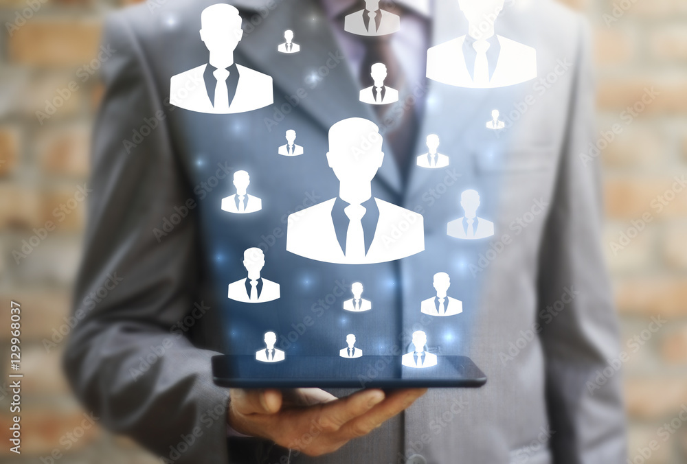 Poster business man using tablet pc social connection. image of female touching virtual icon of social netw