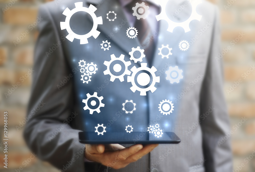 Poster engineering industrial business cogwheel mechanism service automation modernization integration conc