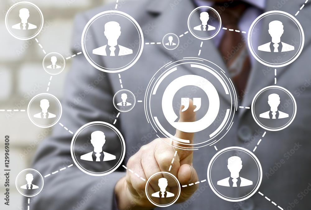 Poster man presses quote bubbles icon. dialog comma virgule log social network communication web blog conce