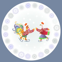 Chinese year of the rooster. Decorative plate with cockerel and duck ice skating and ornamental border - 2 .