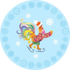 Decorative plate with cute rooster on the ice skating.