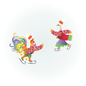 Cute cockerel and duck on the ice skating. Beautiful vector illustration. Greeting card.