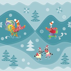 Cute funny raccoons, rooster and duck on skates. Winter seamless pattern. Print for fabric.