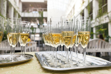 many of the champagne glasses on the table. Soft Focus, Selective Focus