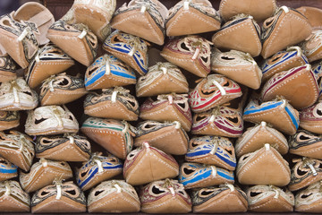 Dubai UAE Sandals made from camel skins are for sale in the Bur Dubai souq.