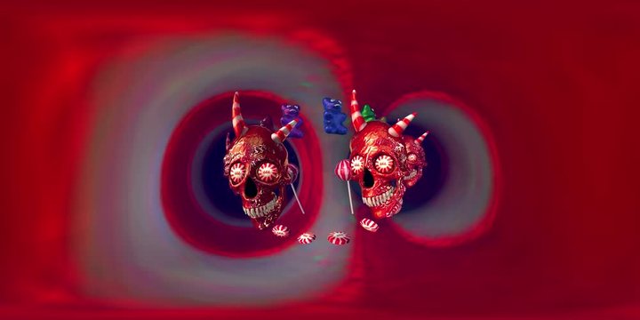 Candy skulls in a fantasy world. Seamless background for virtual reality. 360 degrees equirectangular computer generated video loop. Environment map.