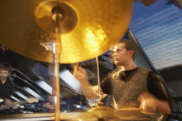 View of a male drummer in performance