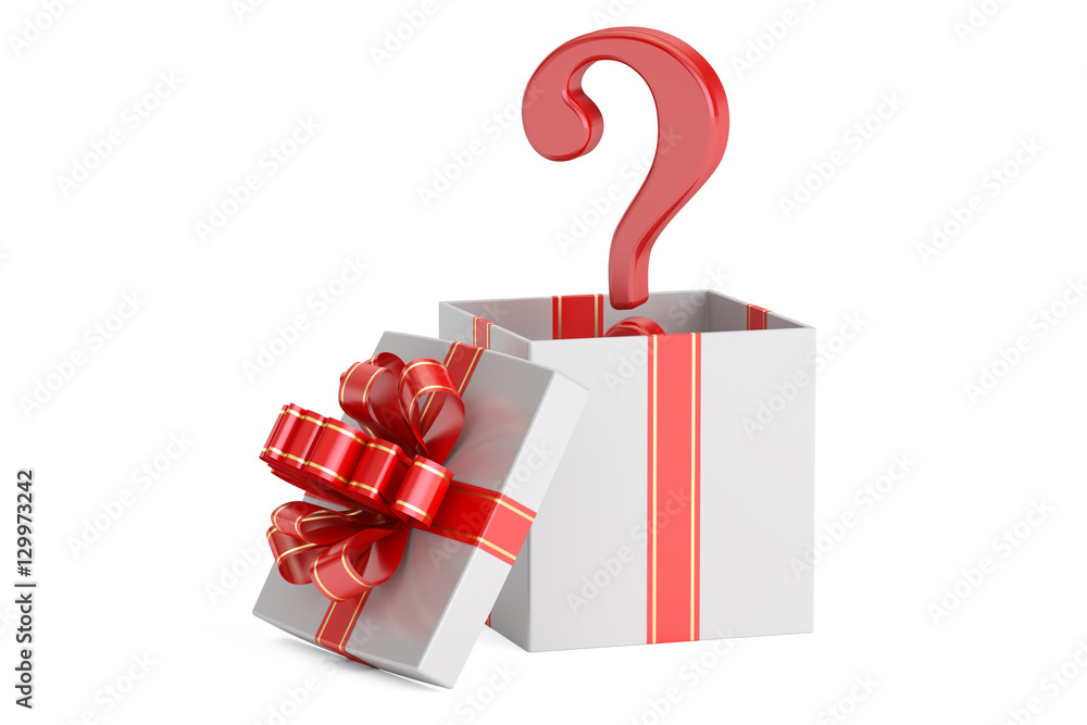 Poster gift box with question mark, surprise concept. 3d rendering