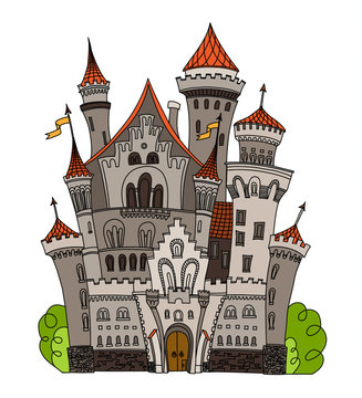 Cartoon fairy tale castle tower icon. Cute architecture. Vector illustration fantasy house fairytale medieval . Kingstone stronghold design fable isolated.