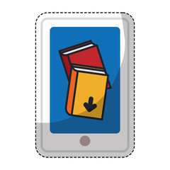 Sticker of smartphone device with ebook icon over white background. electronic book design. vector illustration