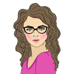 Beautiful surprised woman in the pop art comics style. Vector EPS10 illustration. Comic book girl with glasses