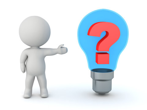 3D Character Showing Light Bulb with Question Symbol
