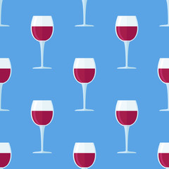 Seamless pattern with glass of red wine on blue background. Vector texture.