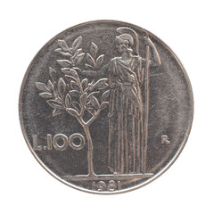 Italian lira coin isolated over white