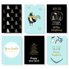 Christmas animals bear, squirrel, rabbit, owl, bird, rooster, penguin, fox. New Year and Christmas cards. Stylish tags with Christmas wishes. Set Christmas elements for design. Lettering. Gold glitter