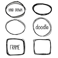 Hand drawn pencil doodle frame. Sketch design concept.  Set of circle frames isolated on the background.