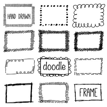Hand drawn pencil doodle frame. Sketch design concept.  Set of square frames isolated.