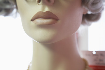 Extreme closeup of a female mannequin's mouth and chin