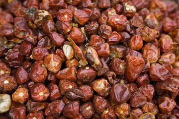 Full frame image of dried whole red peppers for sale at the spice souq in Deira, Dubai, UAE