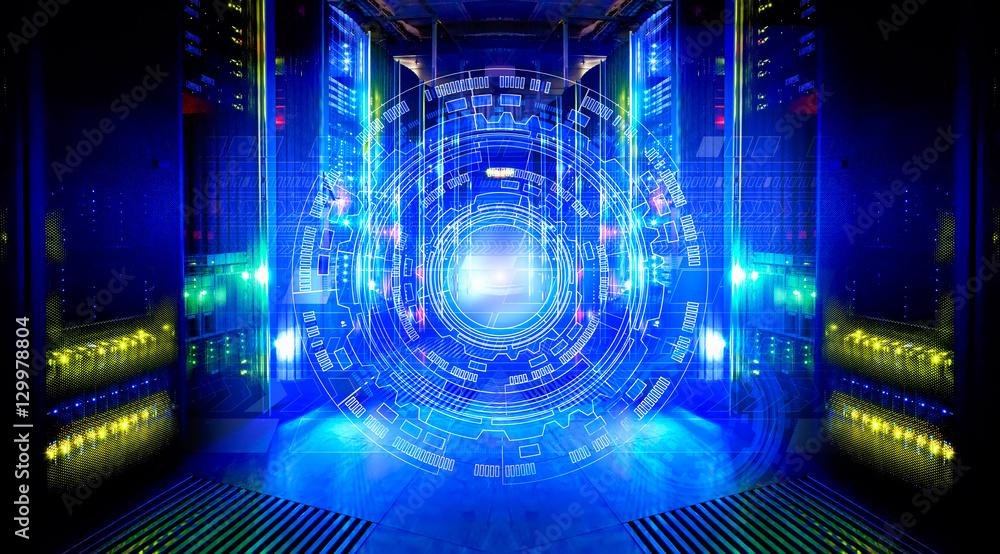 Poster futuristic techno design on background of fantastic supercomputer data center