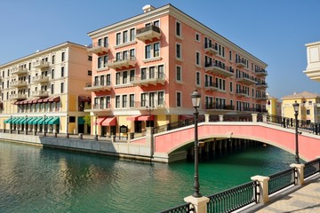 Fototapeta na wymiar Canal view in Venice-like Qanat Quartier of the Pearl precinct of Doha, Qatar.