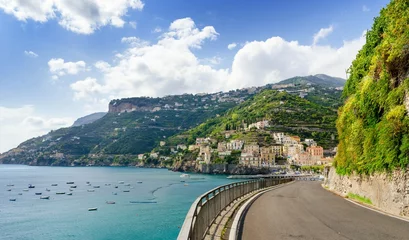 Fototapeten road on Amalfi coast with beautiful view on Minori village, Campania, Italy © lukaszimilena