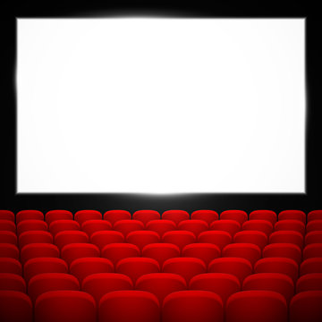 Cinema auditorium with red seats and blank screen vector. Vector illustration, eps 10.
