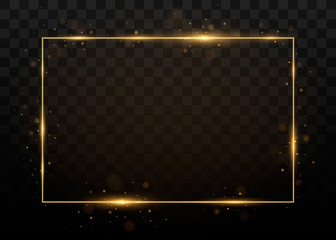 Vector golden frame with lights effects. Shining rectangle banner. Isolated on black transparent background. Vector illustration, eps 10.
