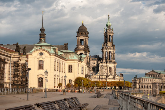 Bruhl Terrace in Dresden under dramatic sky