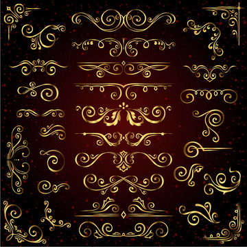 Victorian vector set of golden ornate page decor elements like banners, frames, dividers, ornaments and patterns on dark background. Gold calligraphic swirl 
