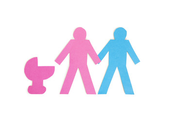 Two stick figures holding hands while standing besides a baby carriage over white background