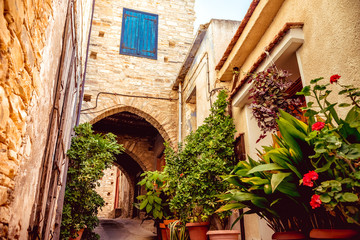 Cozy narrow street in Pano Lefkara village. Limassol District, Cyprus