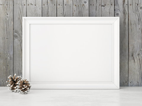 Horizontal interior mock up with snowy pine cones on empty wooden background. 3D rendering.