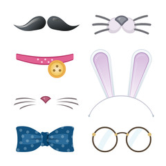 Cartoon style accessories (mustache, glasses, collar, cat nose, bow tie, bunny ears). Vector illustration.