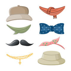Cartoon style accessories (tie, chain, panama hat, cap, bow tie, scarf). Vector illustration.