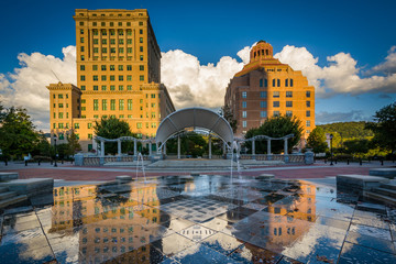 Fountains and buildings at Pack Square Park, in downtown Ashevil