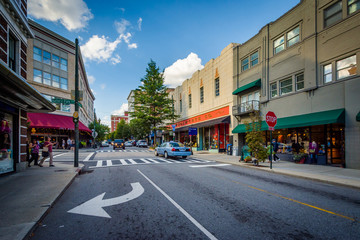 Intersection and buildings in downtown Asheville, North Carolina