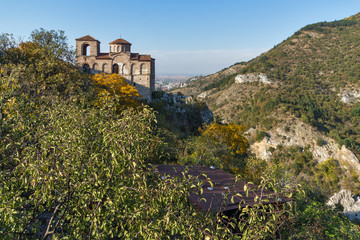 Fototapeta premium Autumn Landscape of Church of the Holy Mother of God in Asen's Fortress, Asenovgrad, Plovdiv Region, Bulgaria