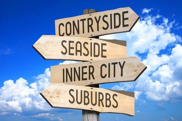 Wooden signpost with four arrows - countryside, seaside, inner city, suburbs - great for topics like real estate, house buy/ sale etc.