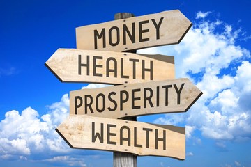 Wooden signpost with four arrows - money, health, prosperity, wealth - great for topics like...
