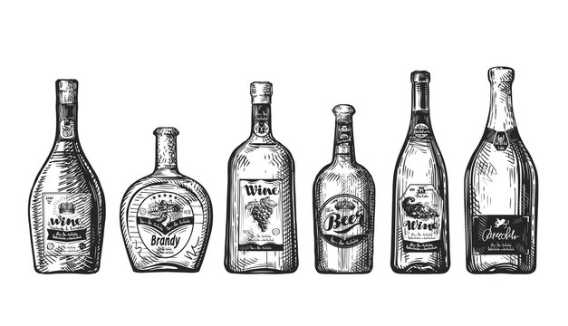 Hand-drawn set bottles for bar. Alcoholic beverages, drink such as wine, beer, brandy, champagne, whiskey, vodka. Sketch vector illustration