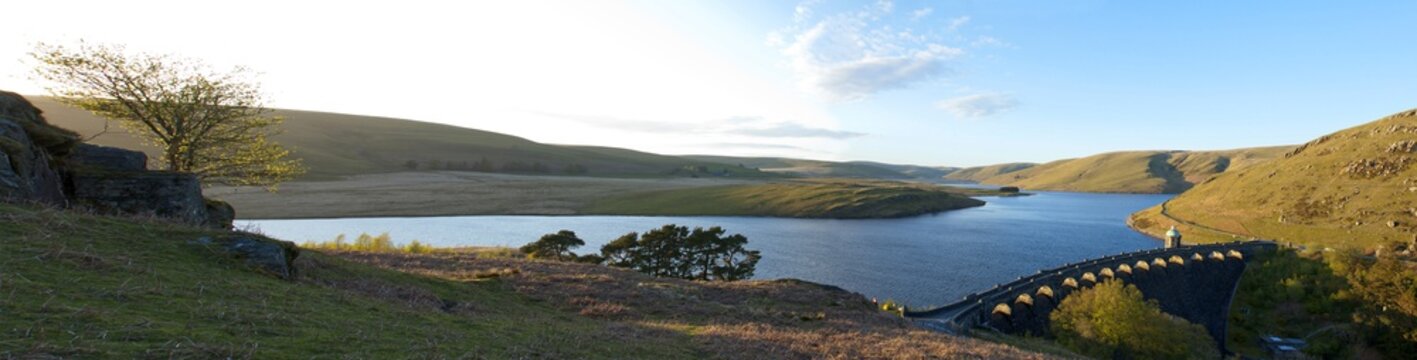 A panoramic view of Craig Goch reservoir, Elan Valley, Cambrian Mountains, Powys, Wales