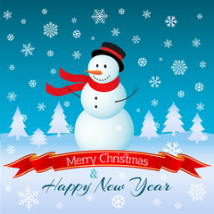 Christmas and New Year card with snowman. Vector illustration