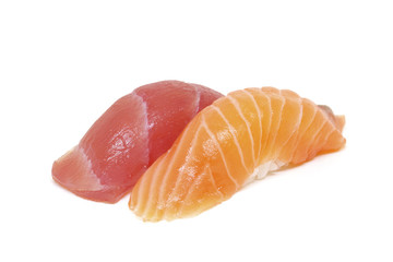 Japanese cuisine, Sushi - Salmon and tuna nigiri on white backgr