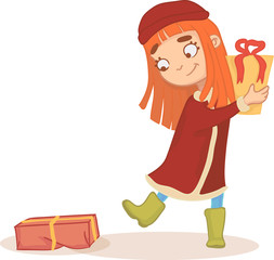 Red-haired girl with gifts in his hands. Vector illustration in comic style. a holiday Surprise. EPS 10