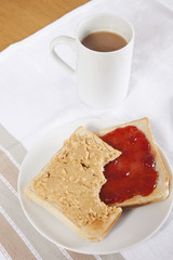 Peanut butter and jam on slices of bread with cup of coffee