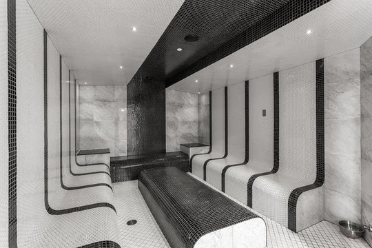 Spa or sauna relaxation room interior design.