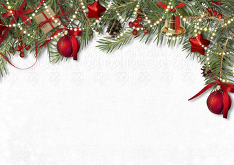 Christmas decoration border with firtree,bell and ball on white